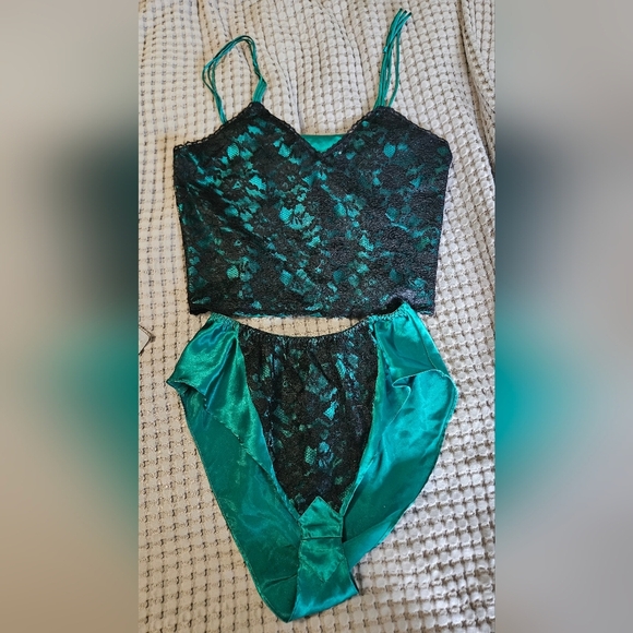 Gold Label VICTORIA'S SECRET Lace Lingerie Teddy 2 Piece Set In Teal/black. Med - Picture 6 of 11